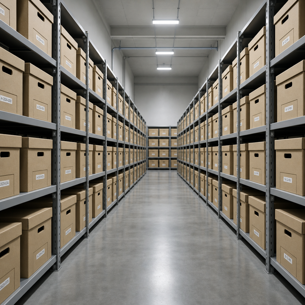 Racks d'archives numérotées et caisses scellées dans le garde-meubles DJK