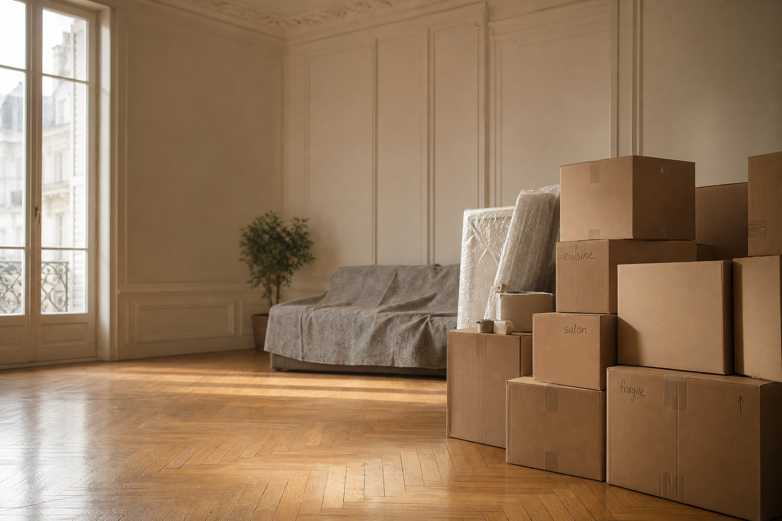 Intérieur lumineux d'un appartement parisien en cours de déménagement, cartons empilés et mobilier protégé